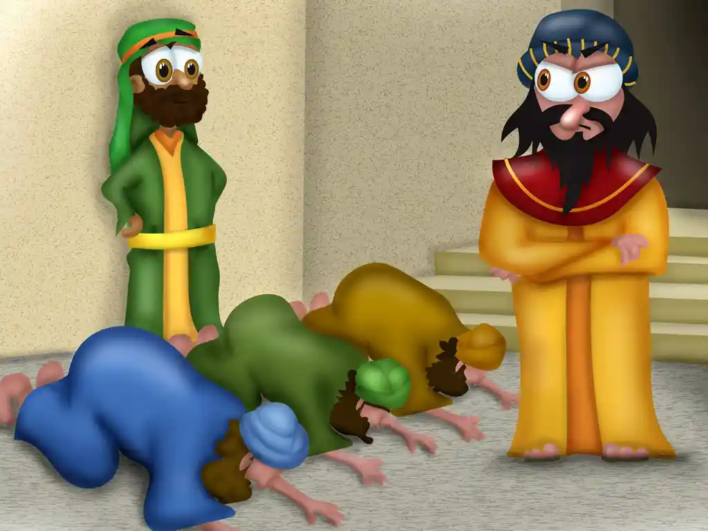 Esther in the bible story. Illustration showing Mordecai refusing to bow due to his beliefs as a Jew.