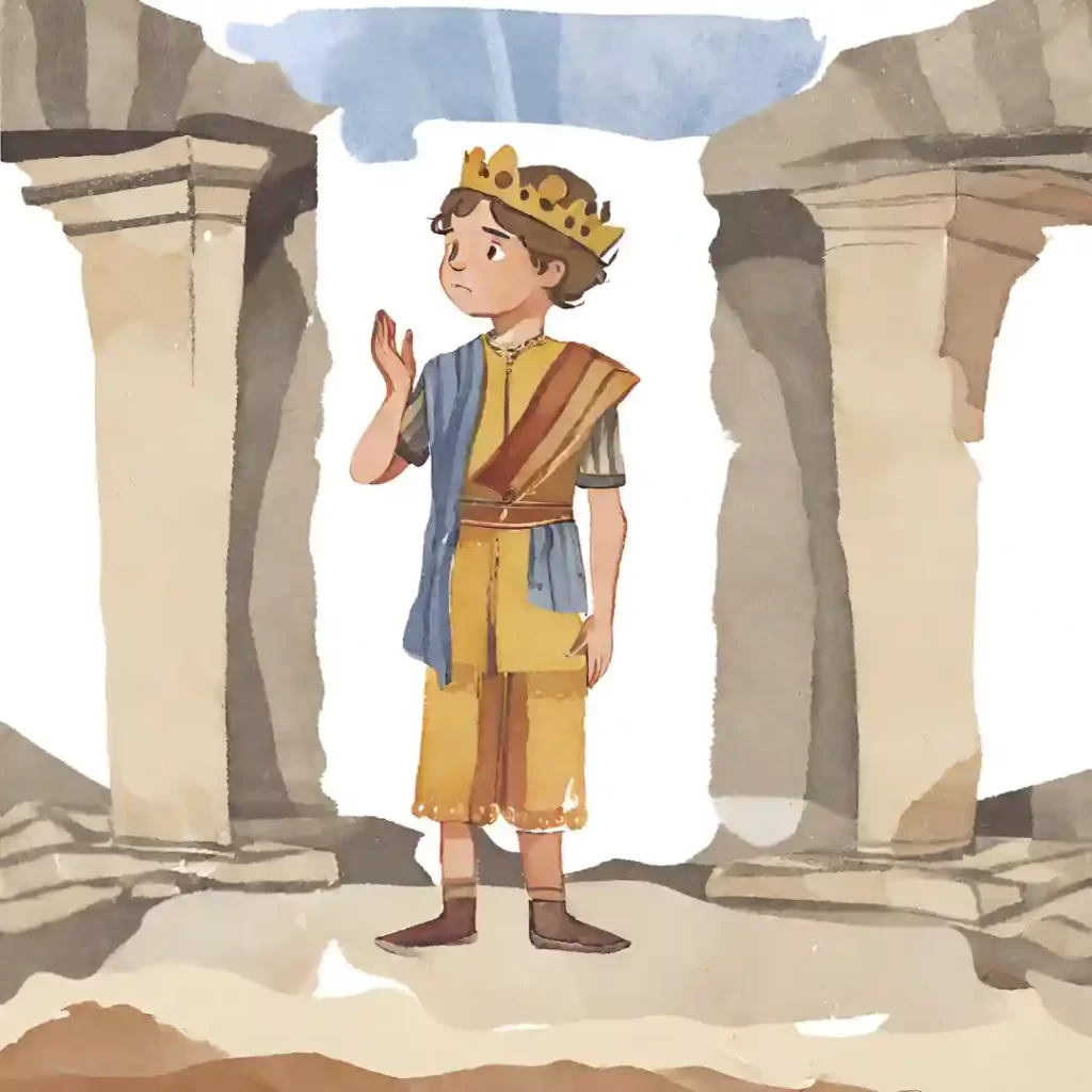 Young king Josiah standing amidst ruins, with a resolute expression and a moral inclination for steer his nation and people towards righteousness.