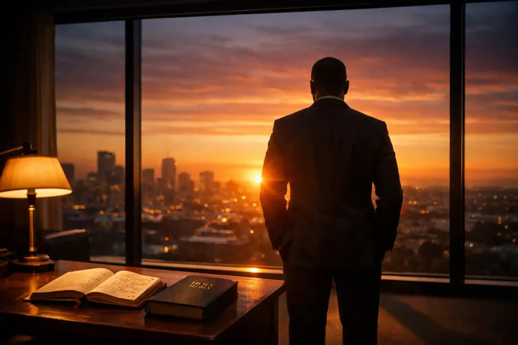 man in a professional setting staring into the sunset depciting a dark and hard times approaching